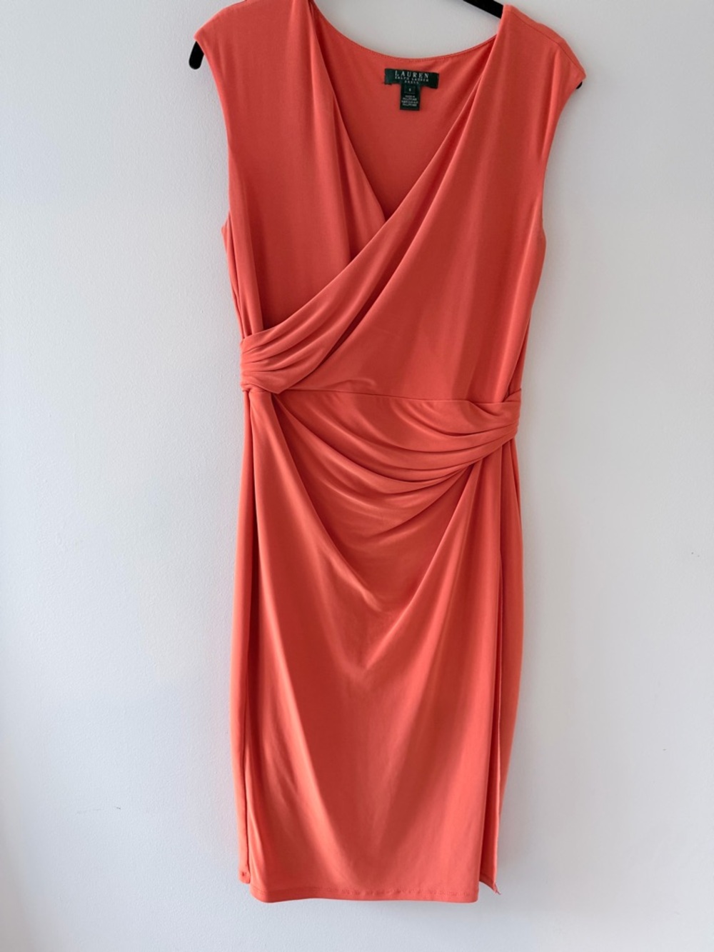Ralph Lauren Coral Draped Faux-Wrap Midi Dress